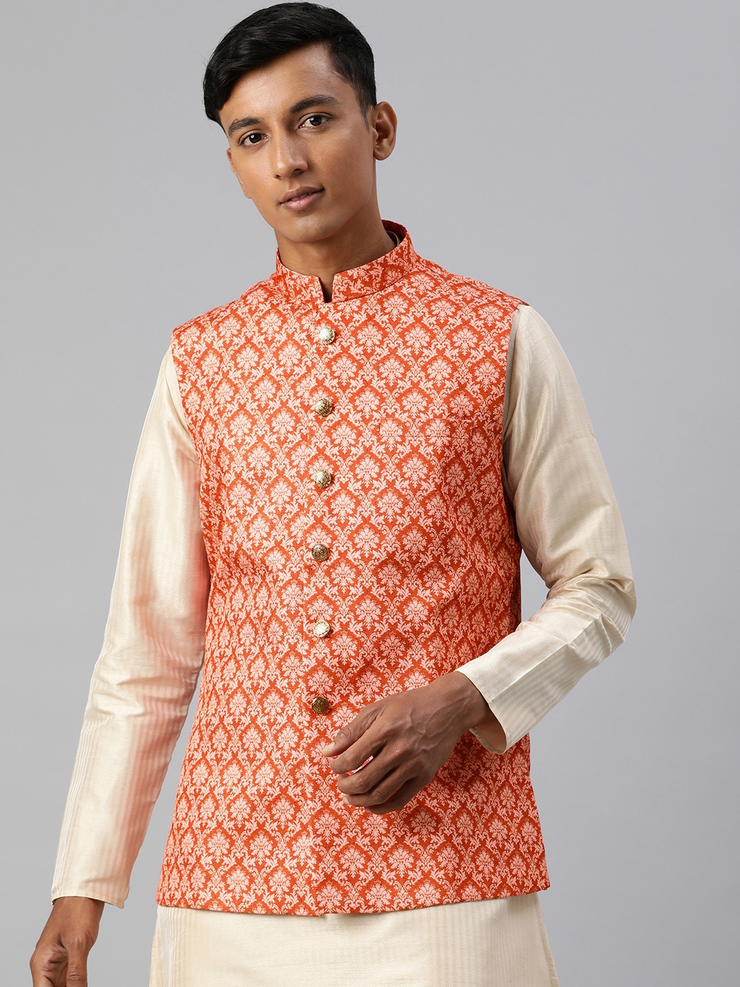 

Manthan Men Woven Design Nehru Jacket, Orange