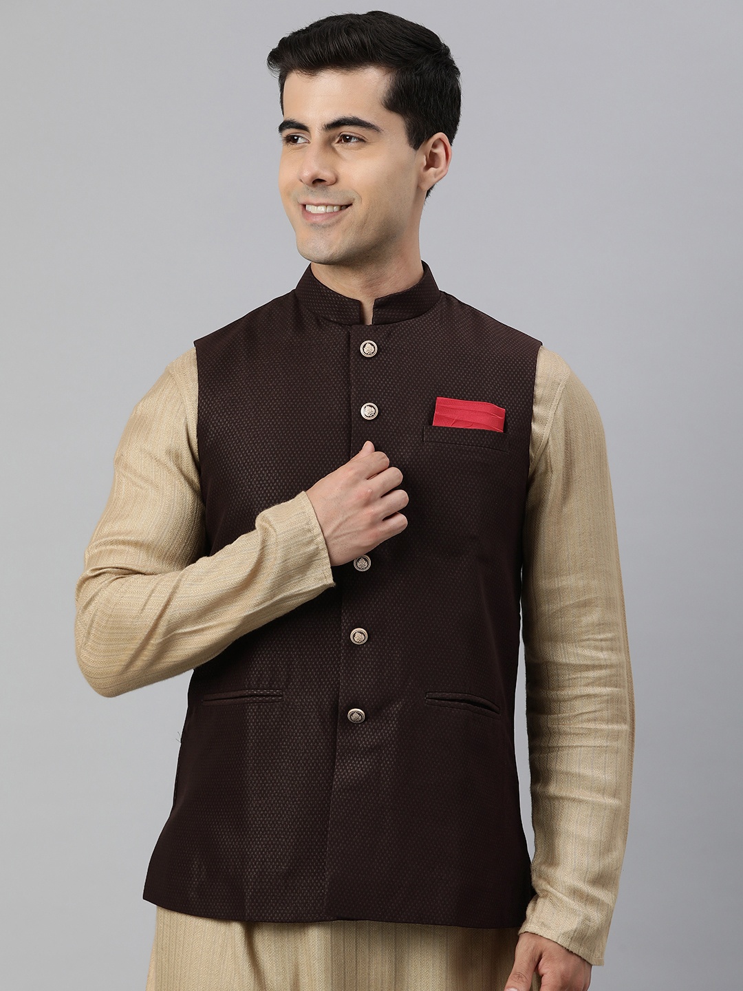 

Manthan Men Woven Design Nehru Jacket, Burgundy