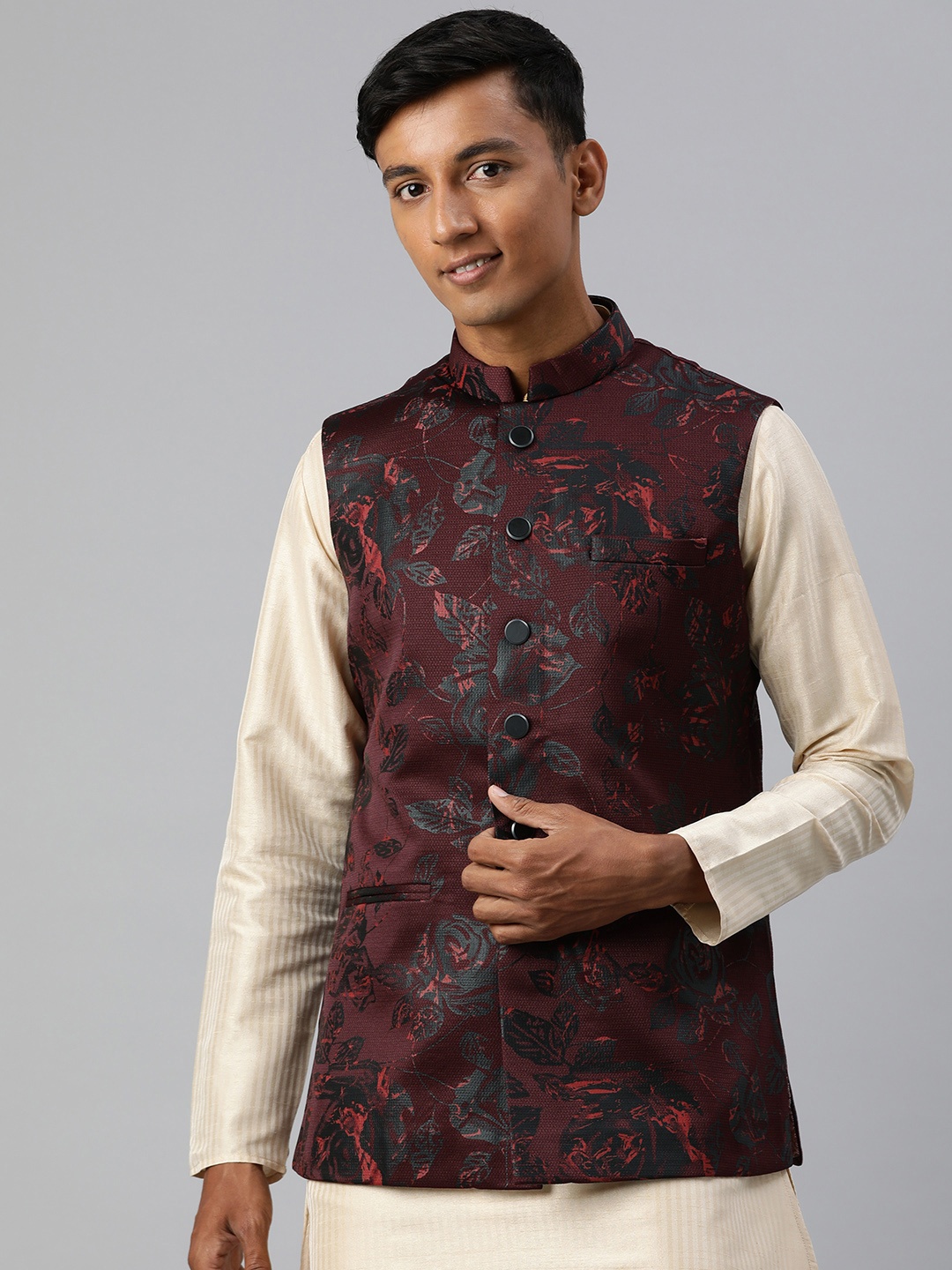 

Manthan Men Woven Design Nehru Jacket, Maroon