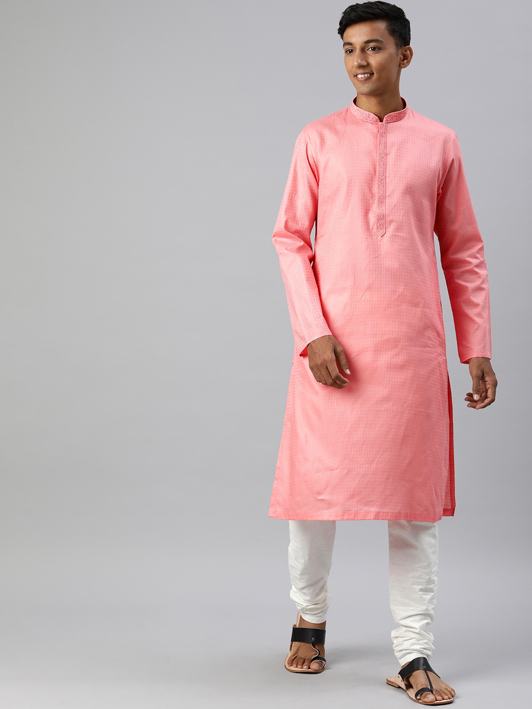 

Manthan Men Self Design Regular Pure Cotton Kurta with Churidar, Peach