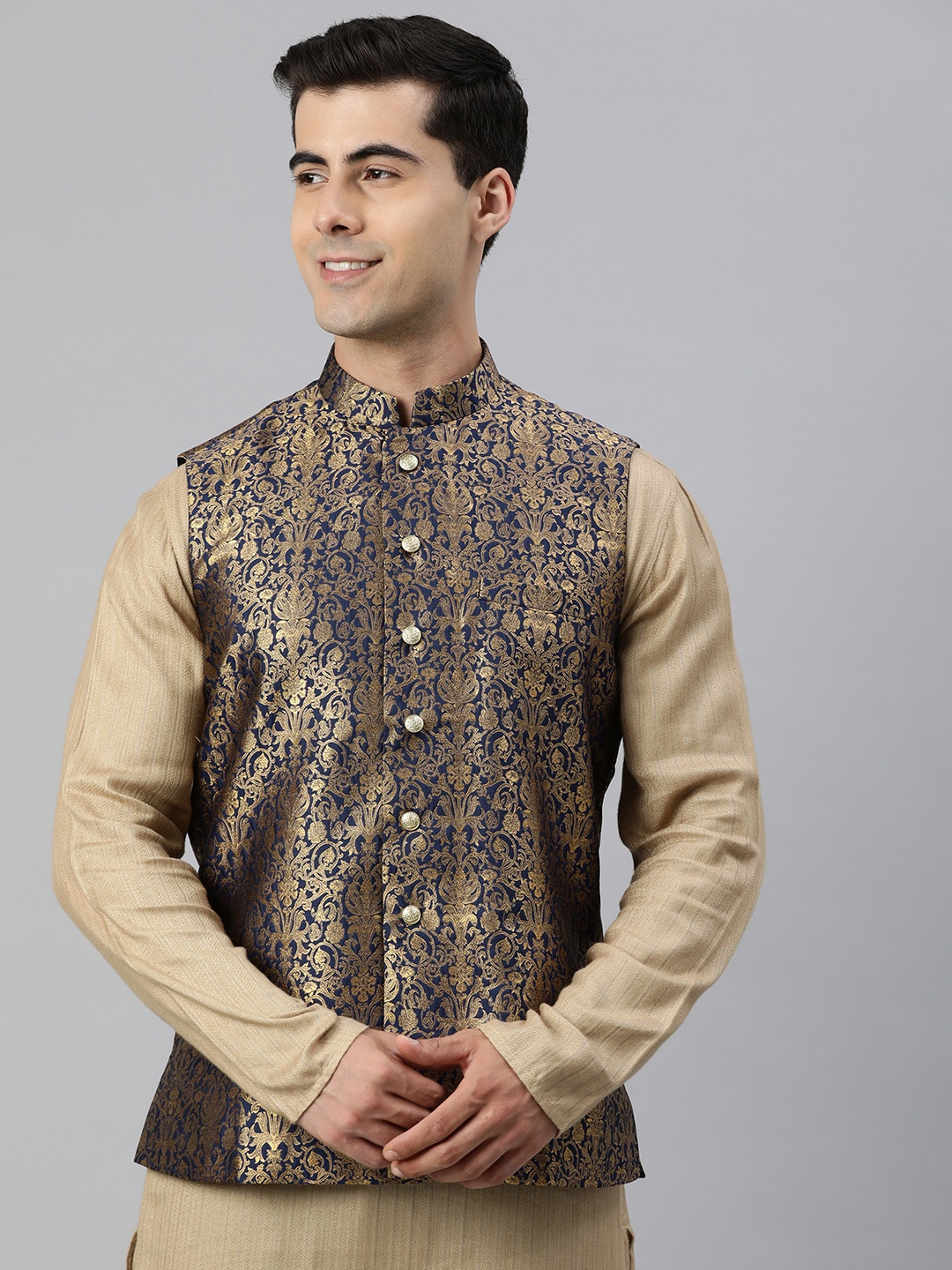 

Manthan Men Woven Design Nehru Jacket, Blue