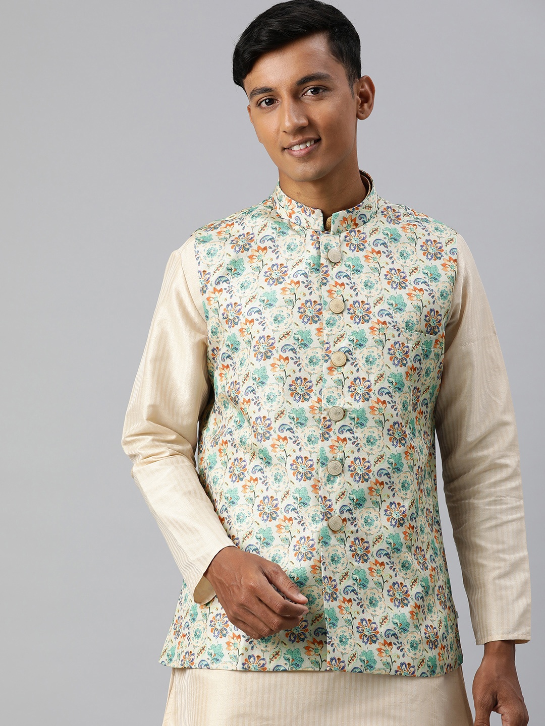 

Manthan Men Printed Nehru Jacket, Beige