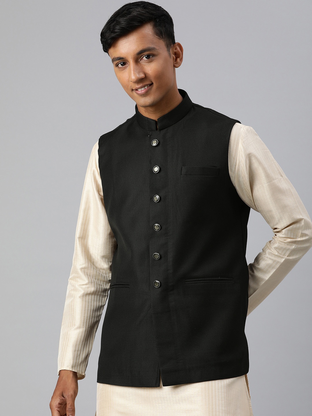 

Manthan Men Woven Design Nehru Jacket, Black