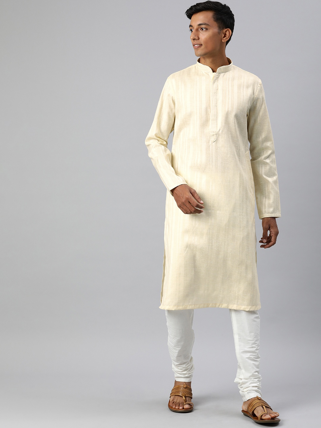 

Manthan Men Self Design Regular Kurta with Churidar, Cream