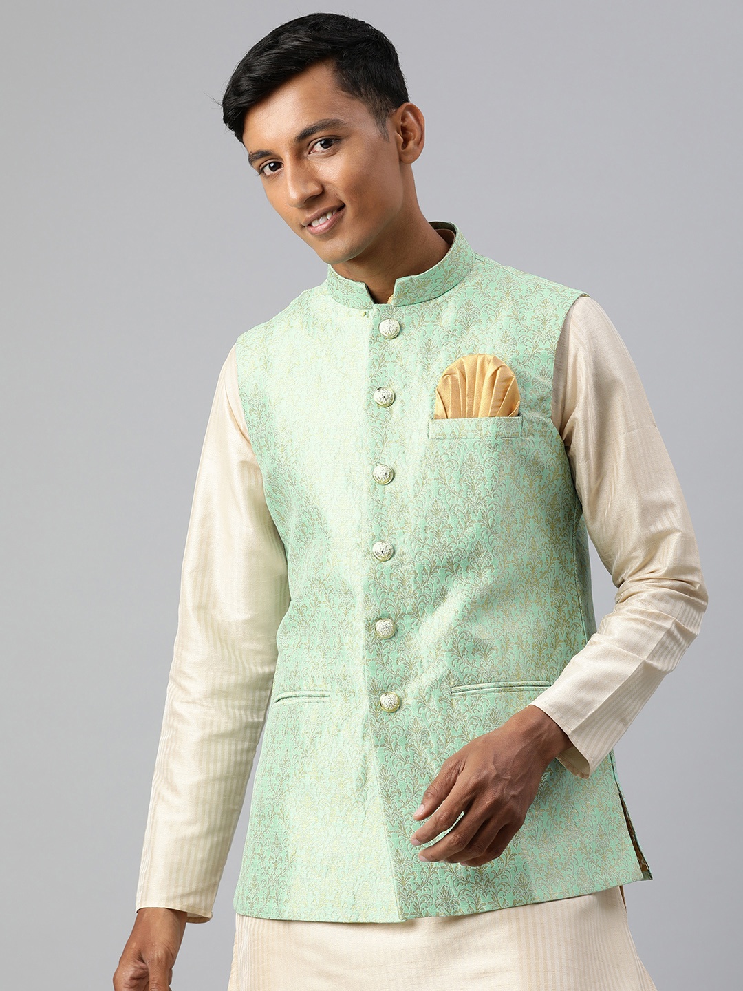 

Manthan Men Woven Design Nehru Jacket, Green