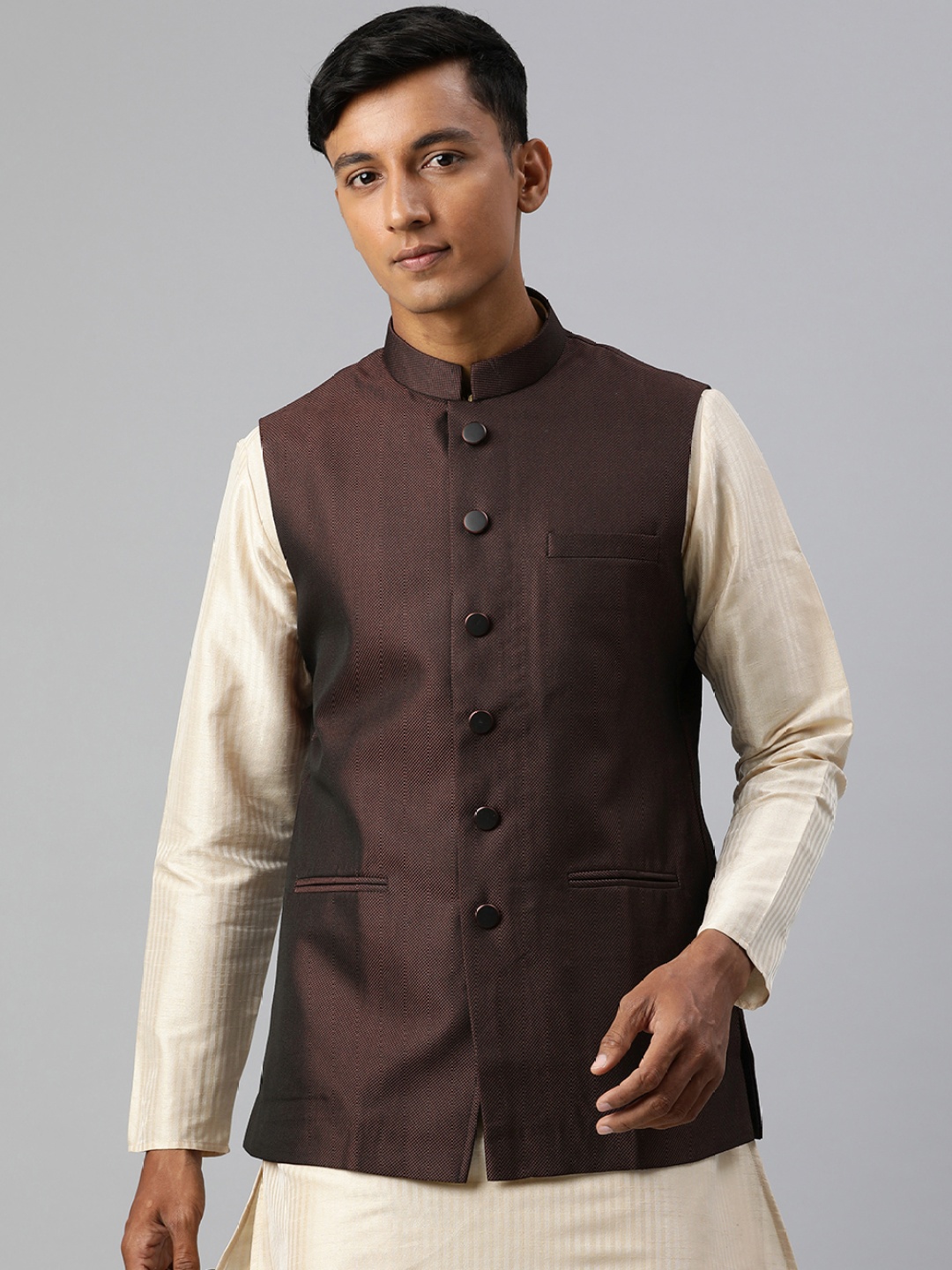 

Manthan Men Woven Design Nehru Jacket, Burgundy