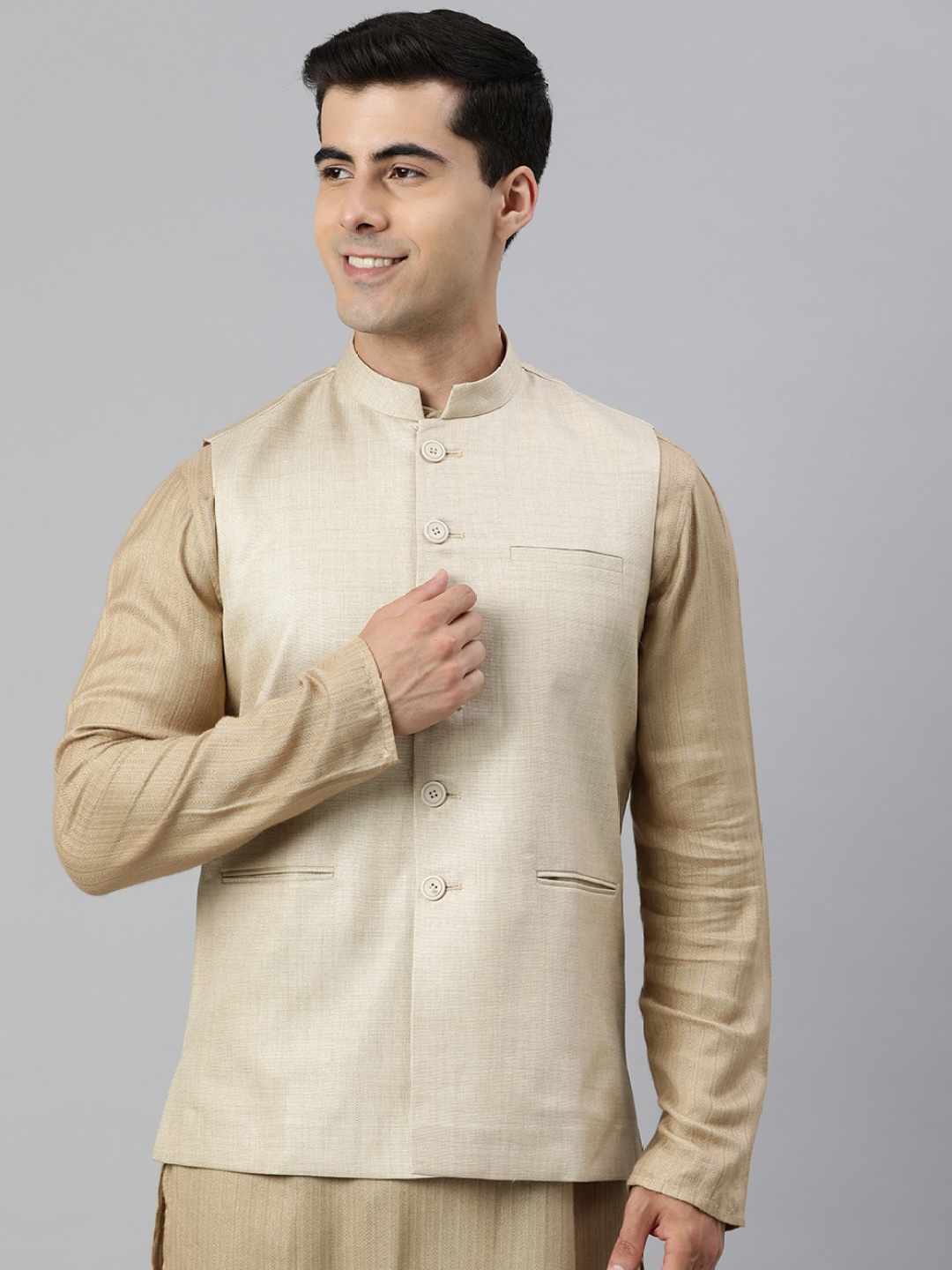 

Manthan Men Woven Design Nehru Jacket, Beige