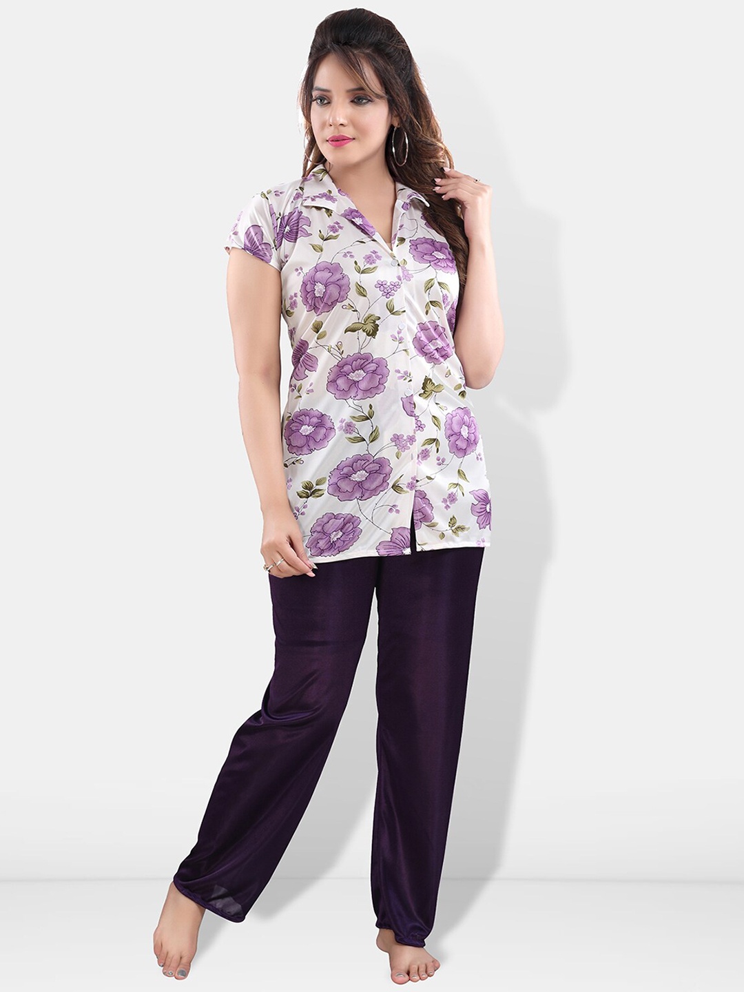 

Be You Women Floral Printed Night suit, White