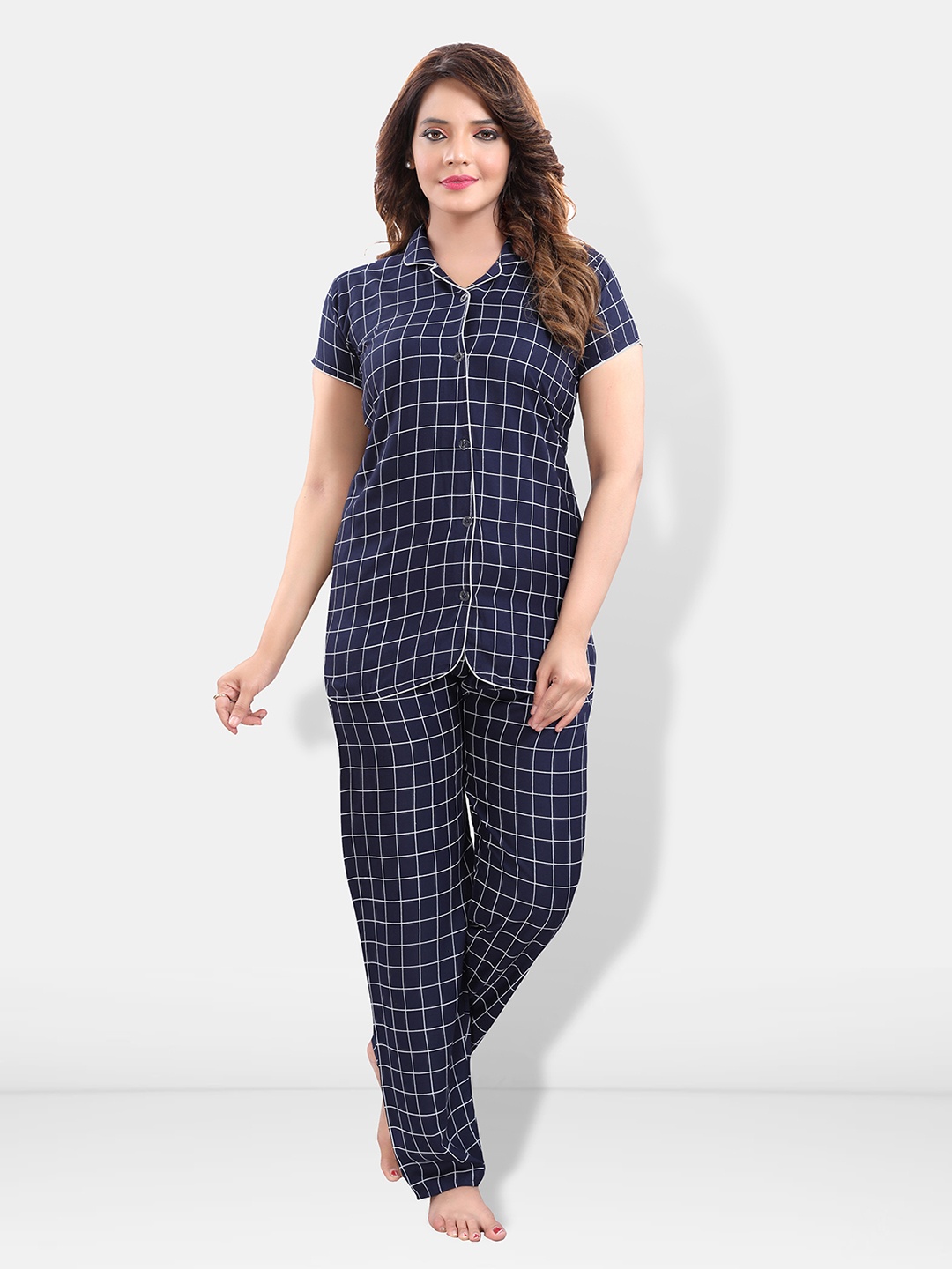 

Be You Lapel Collar Checked Night suit, Navy blue