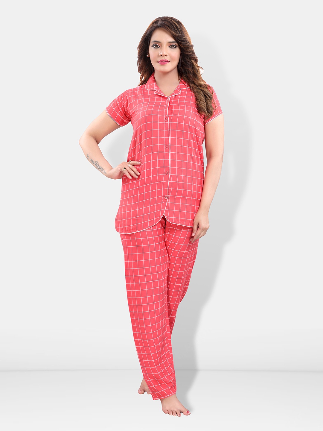 

Be You Women Checked Night suit, Pink