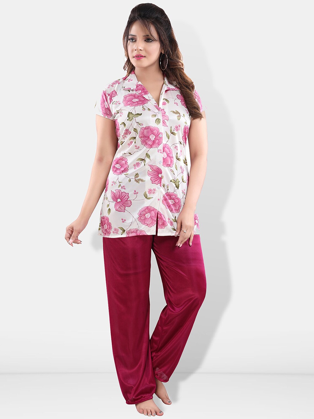 

Be You Women Floral Printed Night suit, Magenta