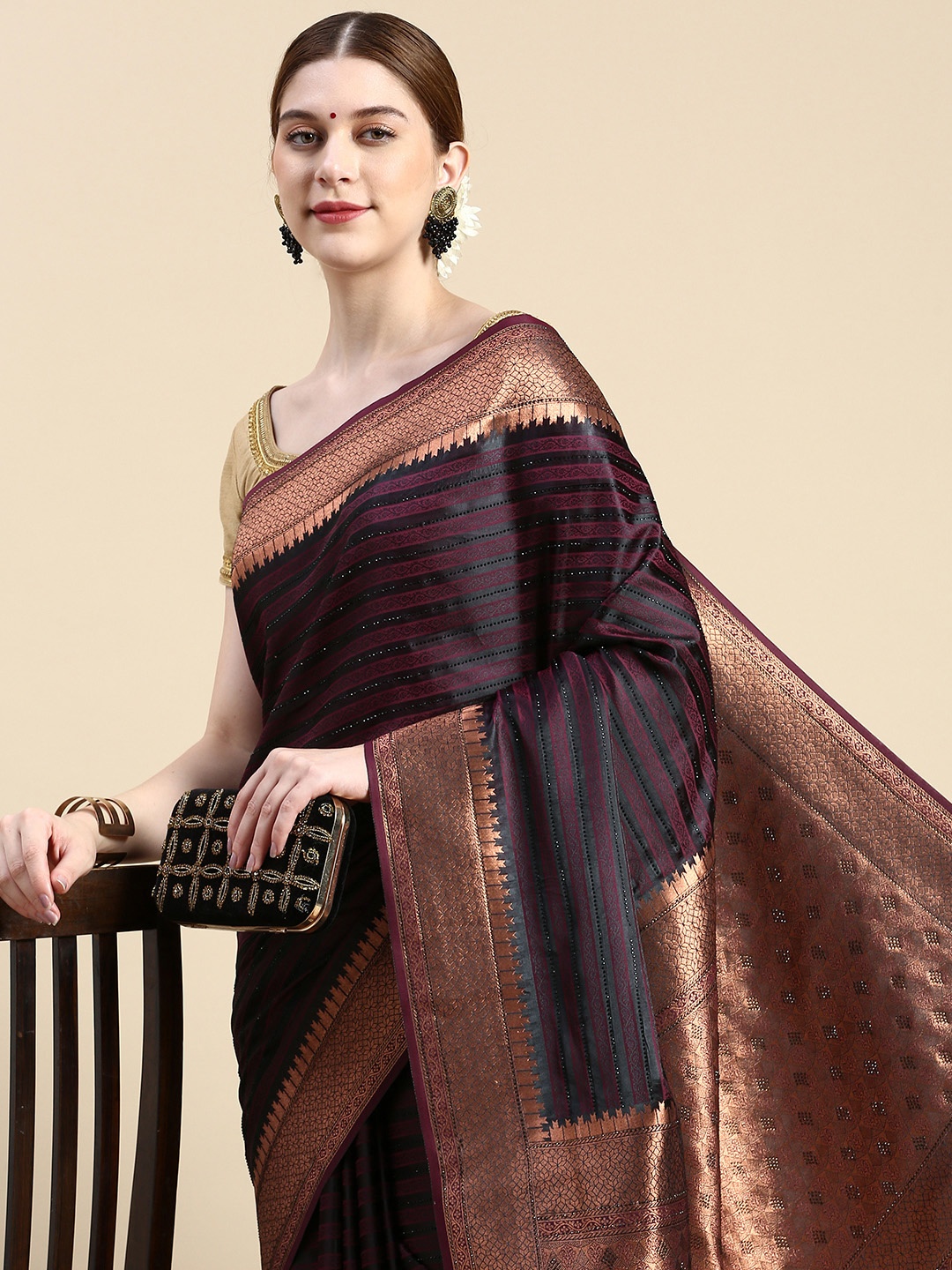 

MOHEY Woven Design Striped Stones-Studded Art Silk Saree, Burgundy