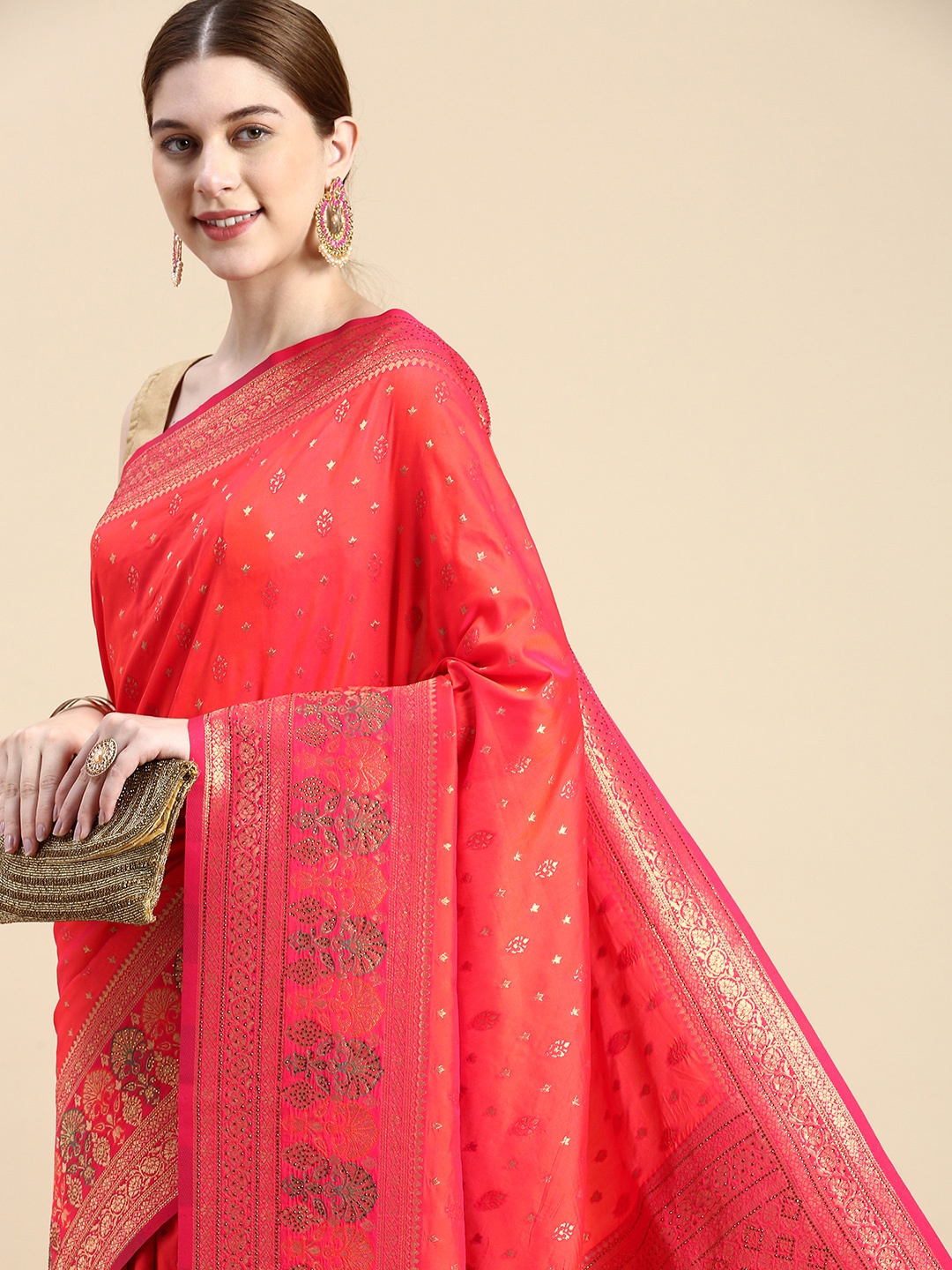 

MOHEY Woven Design Ethnic Motifs Stones-Studded Art Silk Saree, Coral