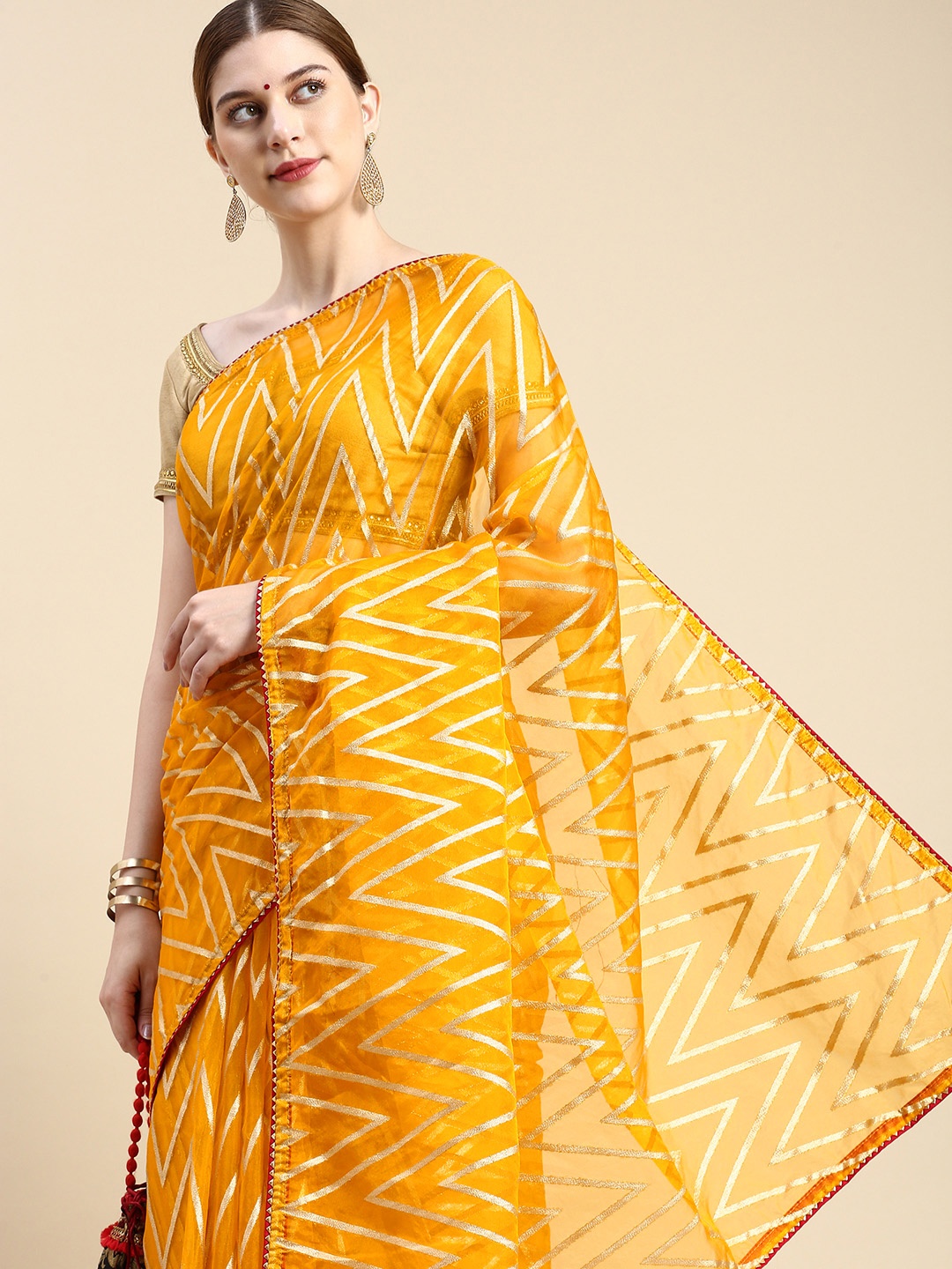 

MOHEY Woven Design Gotta Patti Organza Saree, Yellow