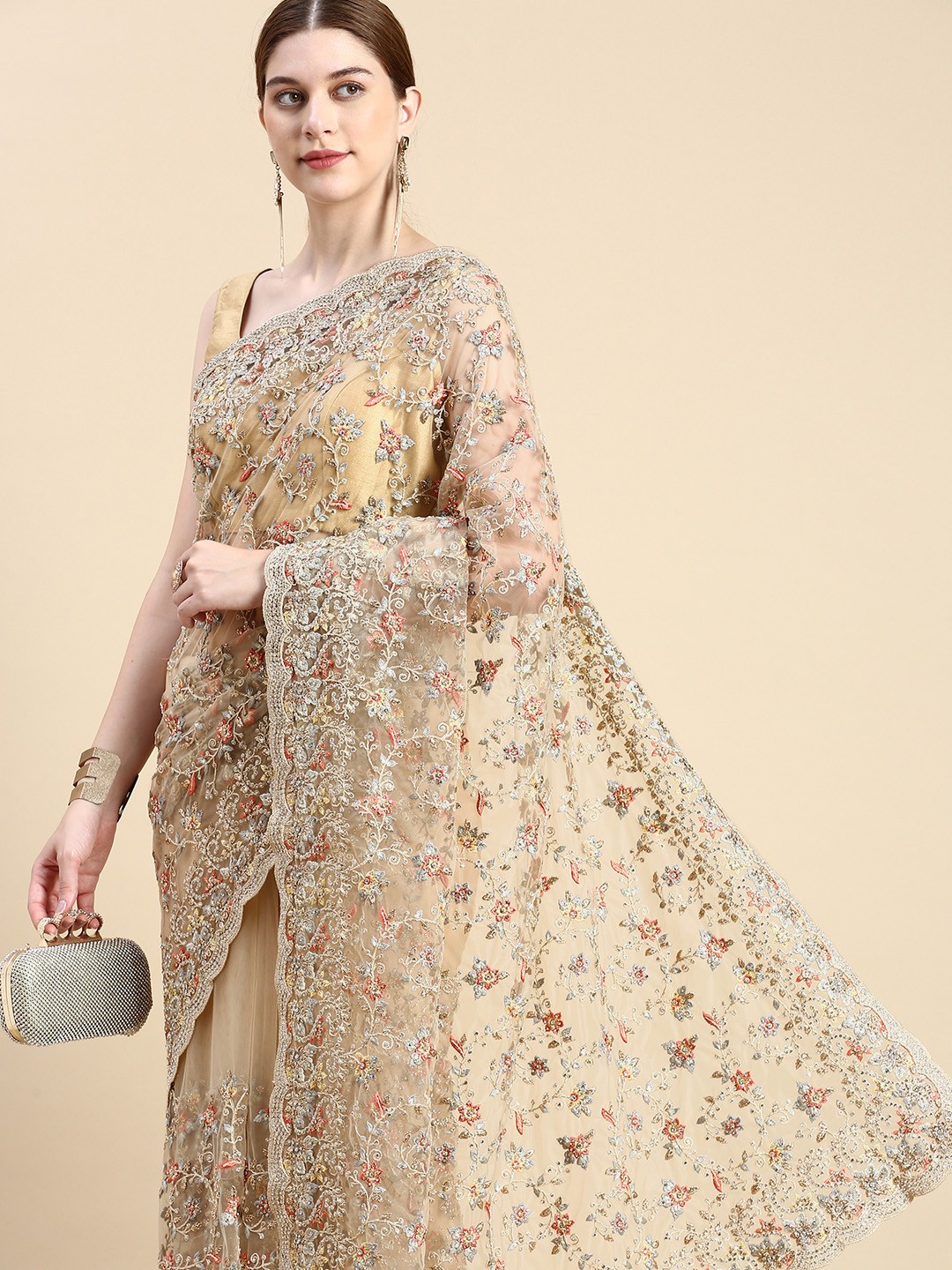 

MOHEY Floral Embroidered Stones-Studded Net Saree, Beige