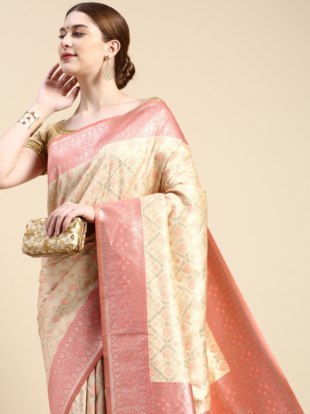 

MOHEY Woven Design Ethnic Motifs Zari Art Silk Saree, Peach