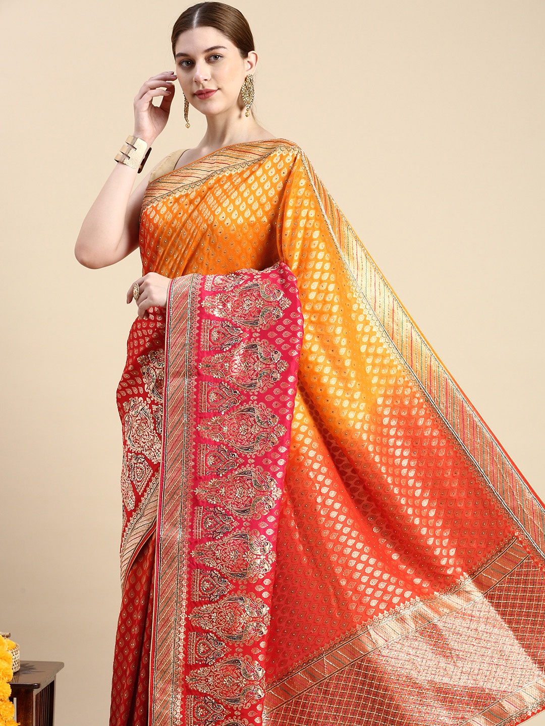 

MOHEY Ethnic Motifs Woven Design Stones-Studded Art Silk Saree, Orange