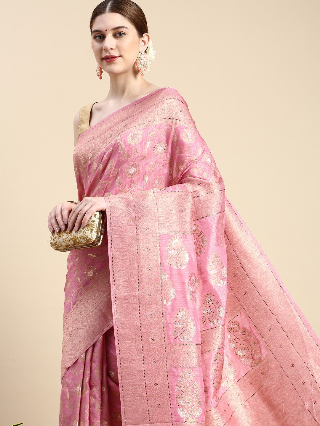 

MOHEY Floral Woven Design Zari Art Silk Saree, Pink