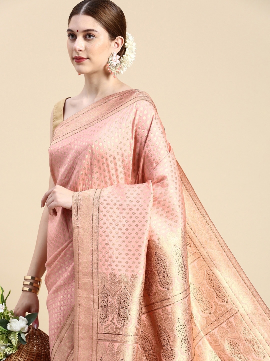 

MOHEY Woven Design Ethnic Motifs Stones-Studded Art Silk Saree, Pink