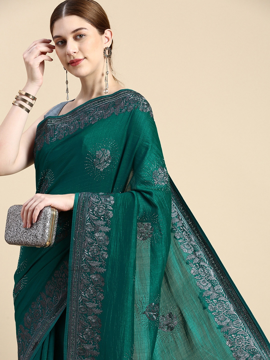 

MOHEY Ethnic Motifs Stones-Studded Art Silk Saree, Green