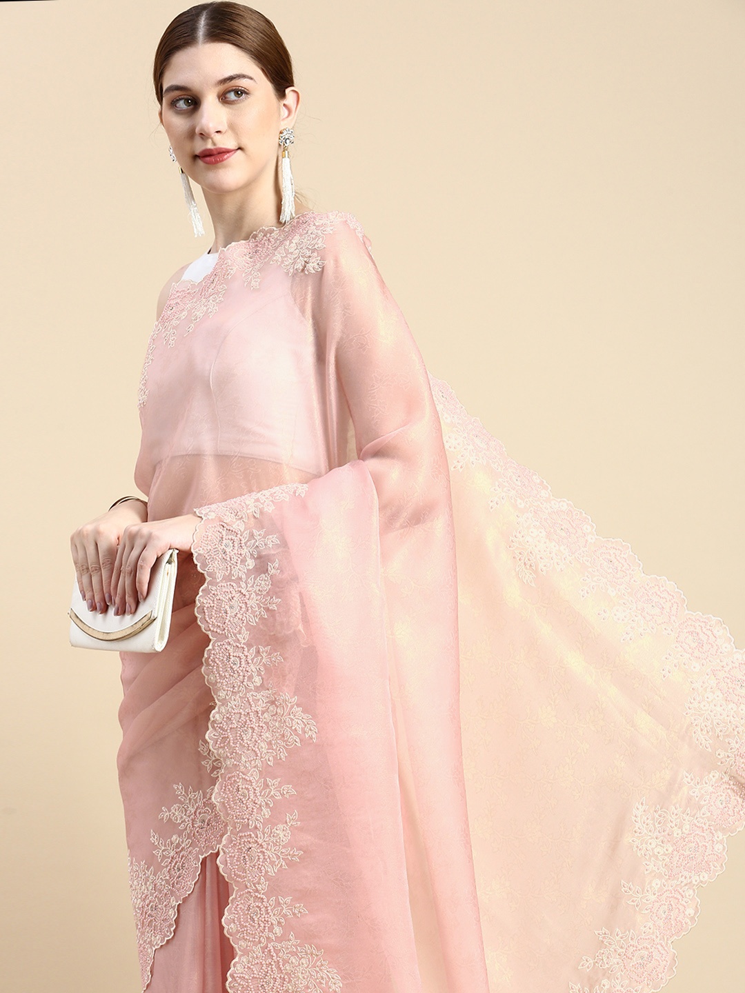

MOHEY Solid Stones-Studded Organza Saree, Pink
