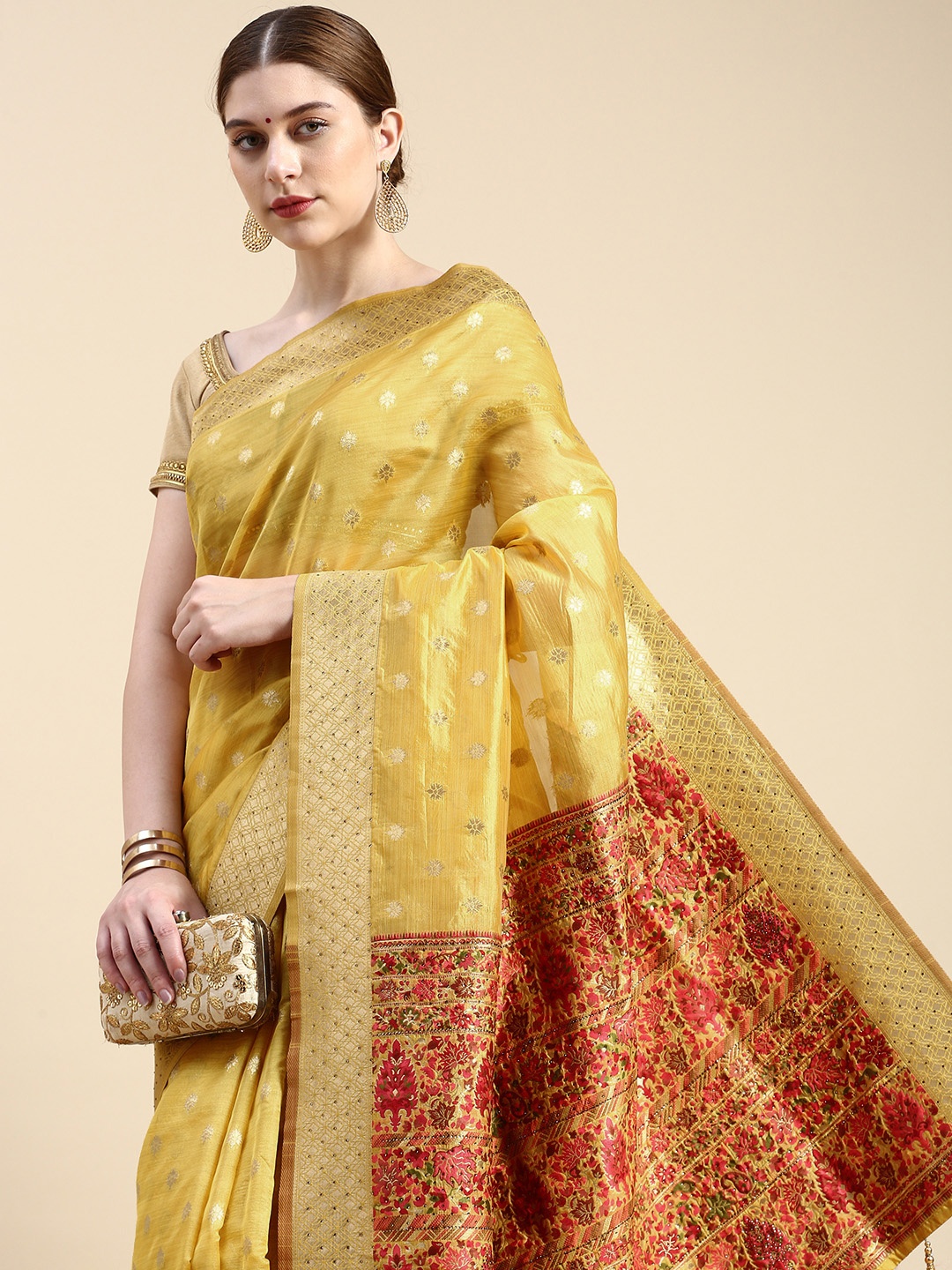 

MOHEY Woven Design Ethnic Motifs Stones-Studded Silk Blend Saree, Yellow