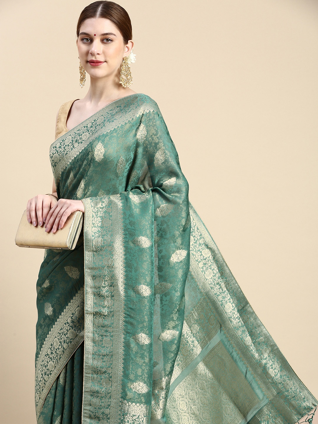 

MOHEY Woven Design Ethnic Motifs Zari Art Silk Saree, Green