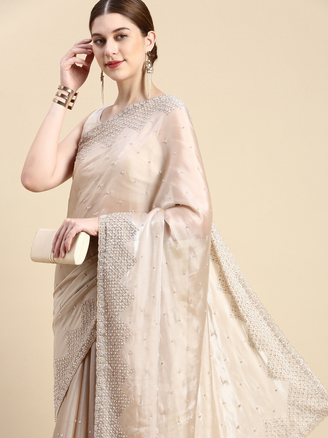 

MOHEY Embellished Stones-Studded Organza Saree, Beige