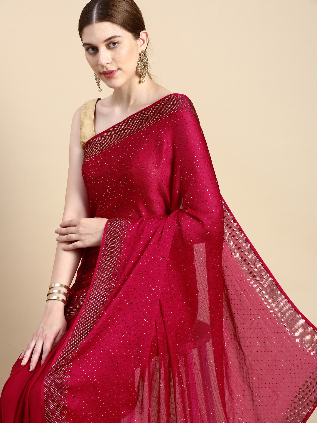 

MOHEY Embellished Stones-Studded Saree, Pink