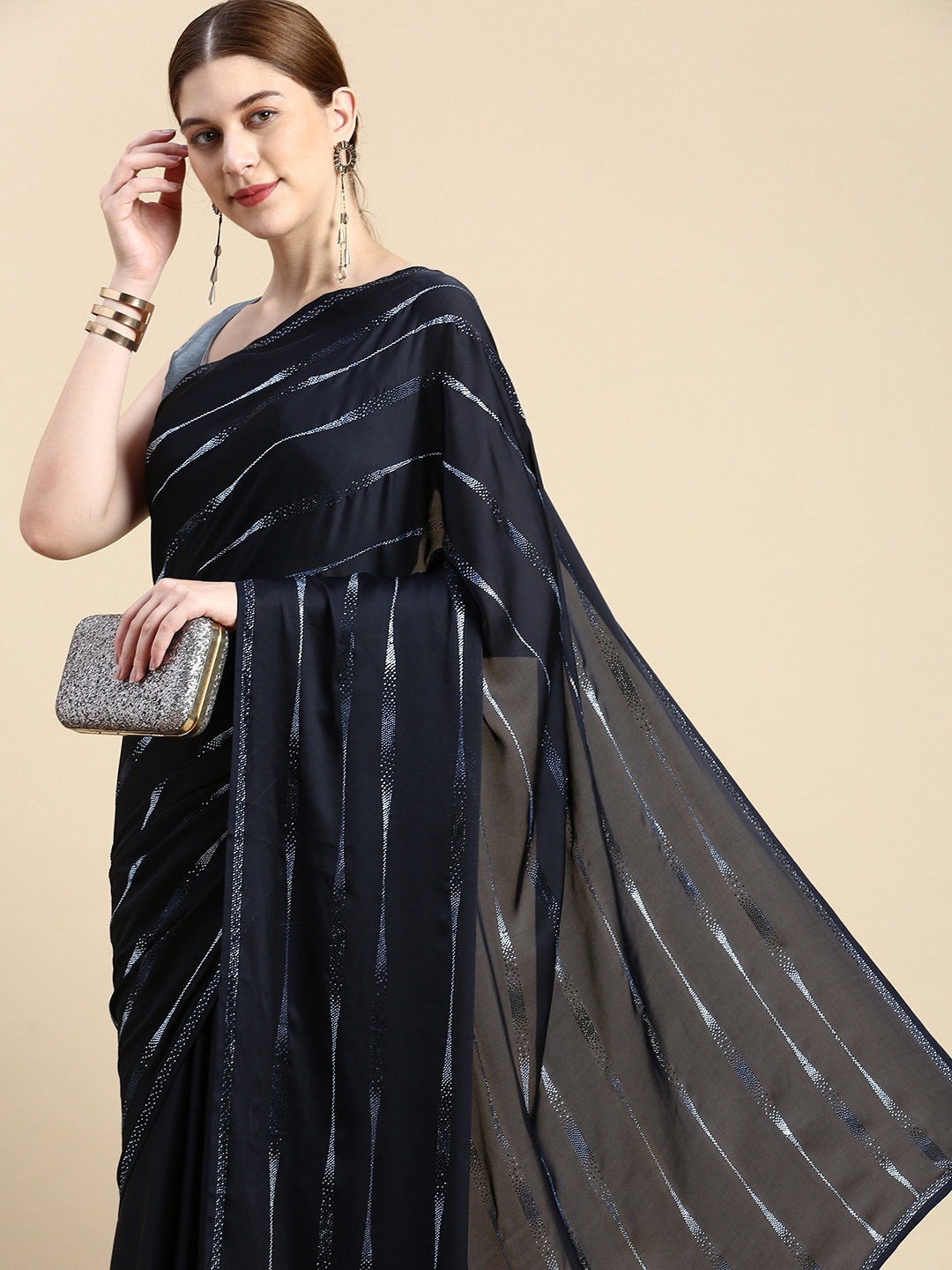 

MOHEY Striped Embellished Stones-Studded Satin Saree, Blue