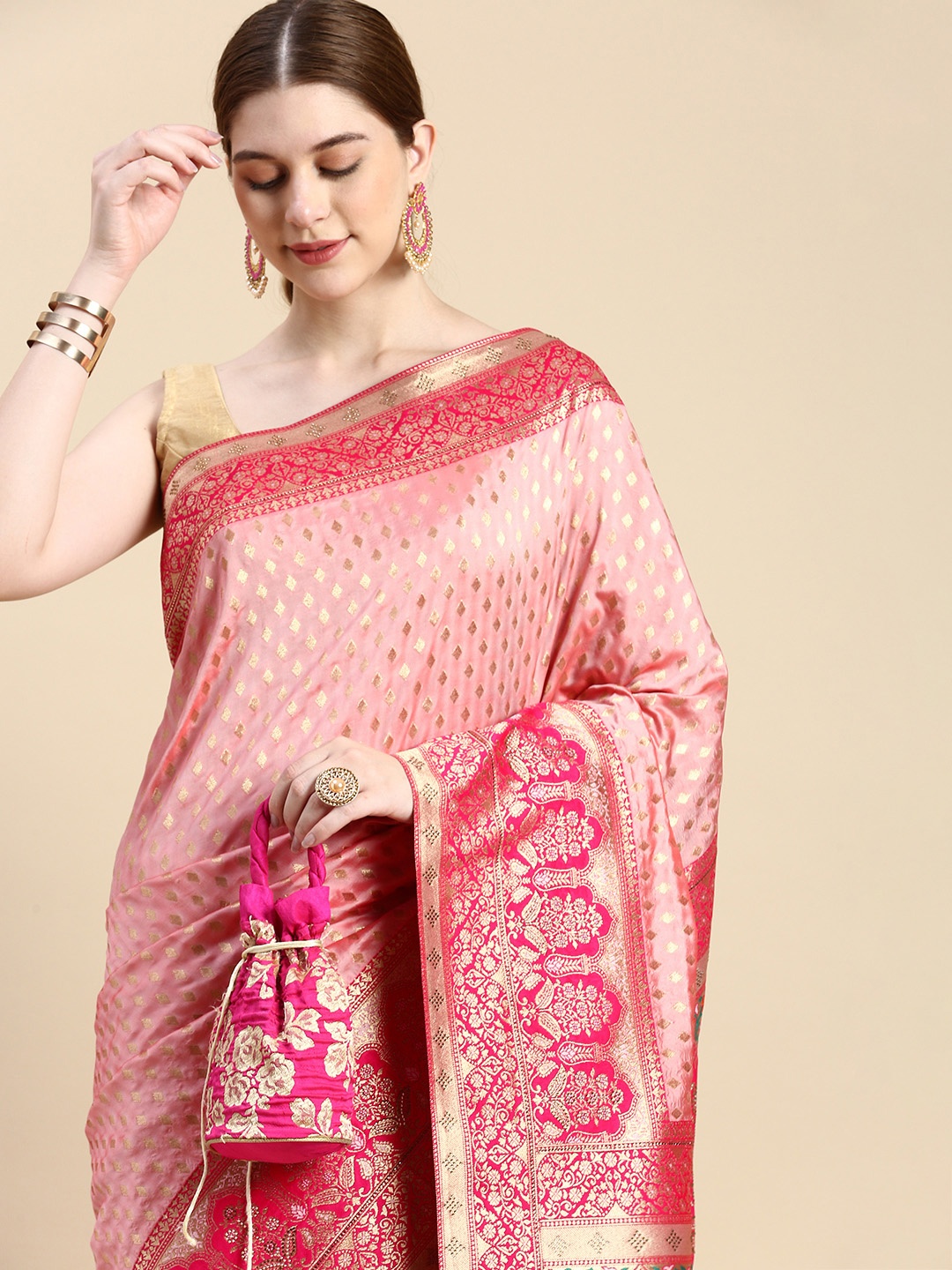 

MOHEY Woven Design Ethnic Motifs Stones-Studded Art Silk Saree, Pink