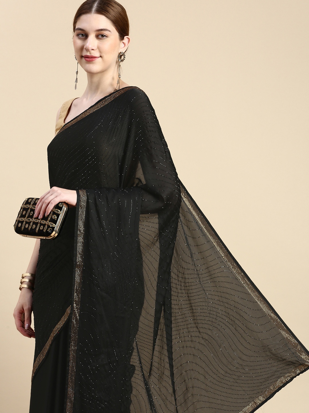 

MOHEY Embellished Stones-Studded Satin Saree, Black