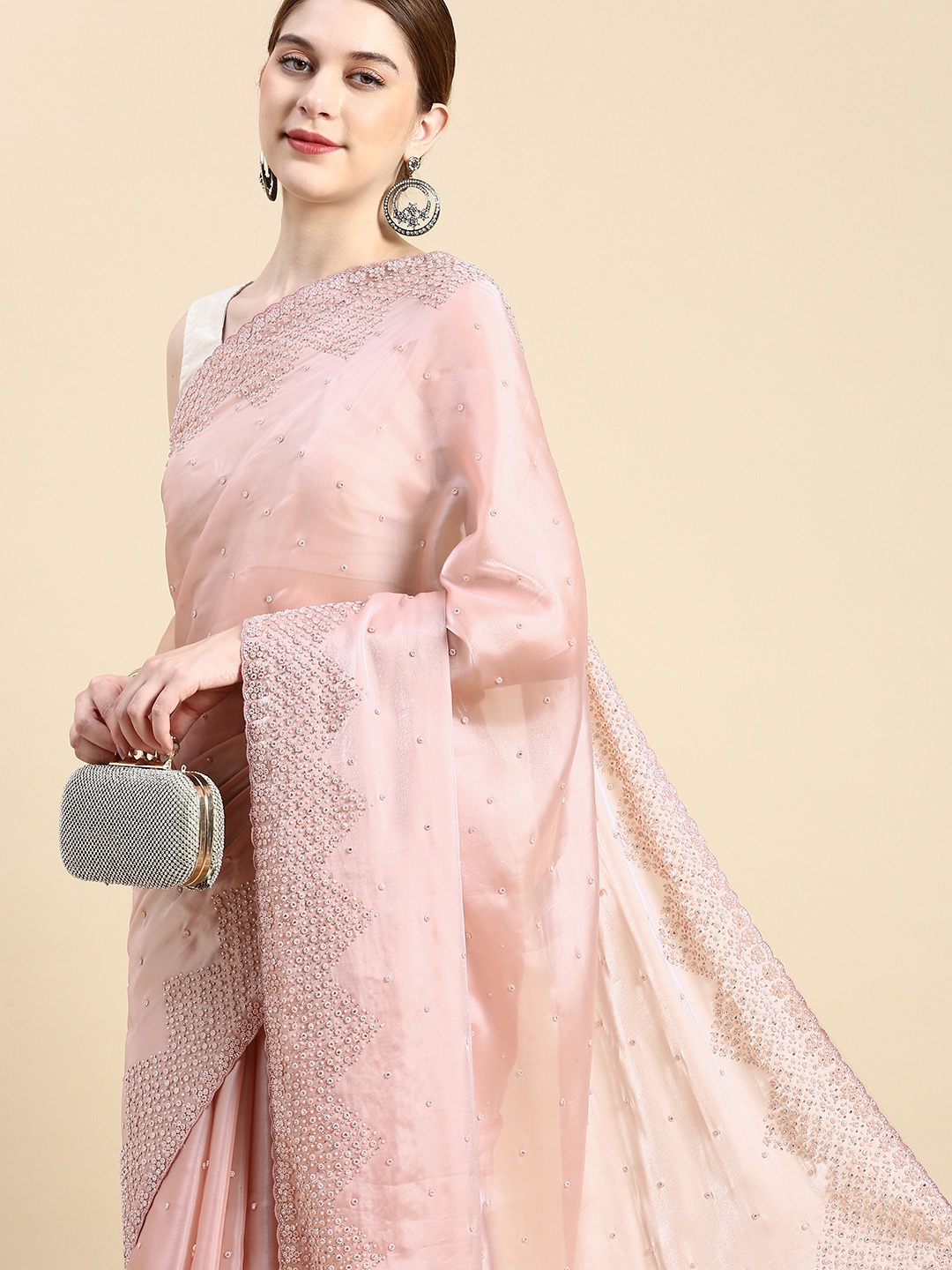 

MOHEY Embellished Stones-Studded Organza Saree, Pink