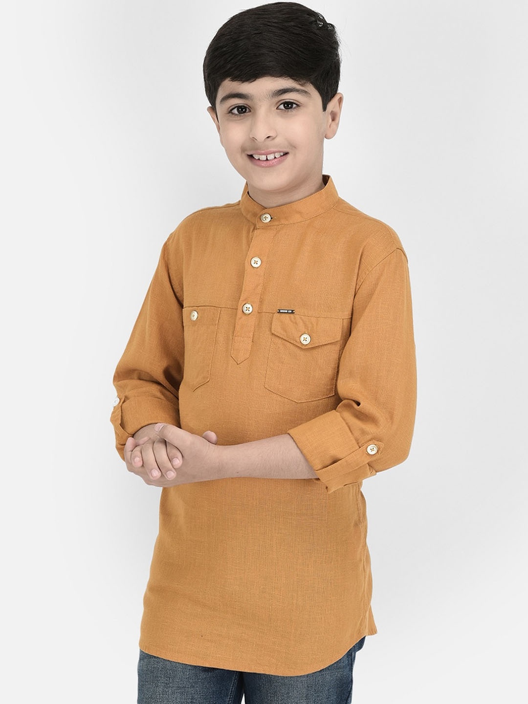 

Crimsoune Club Boys Mandarin Collar Kurta, Brown