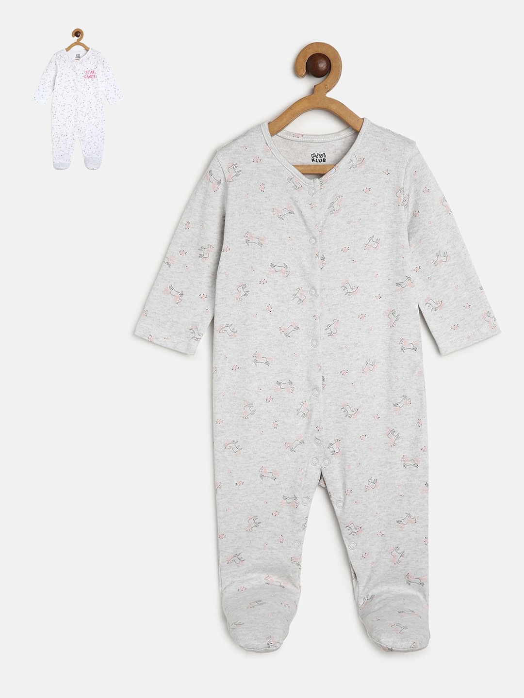 

MINI KLUB Girls Set Of 2 Printed Cotton SleepSuit, White