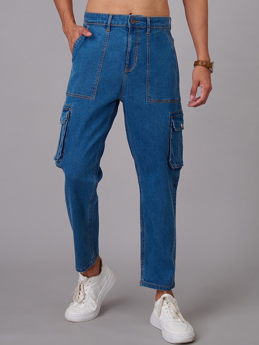 

Old Grey Men Relaxed Fit Clean Look Cotton Cargo Jeans, Blue