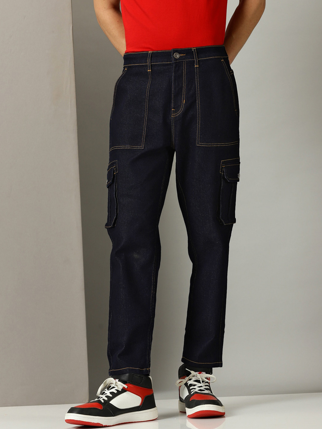 

Old Grey Men Relaxed Fit Low Distress Cotton Cargos, Navy blue