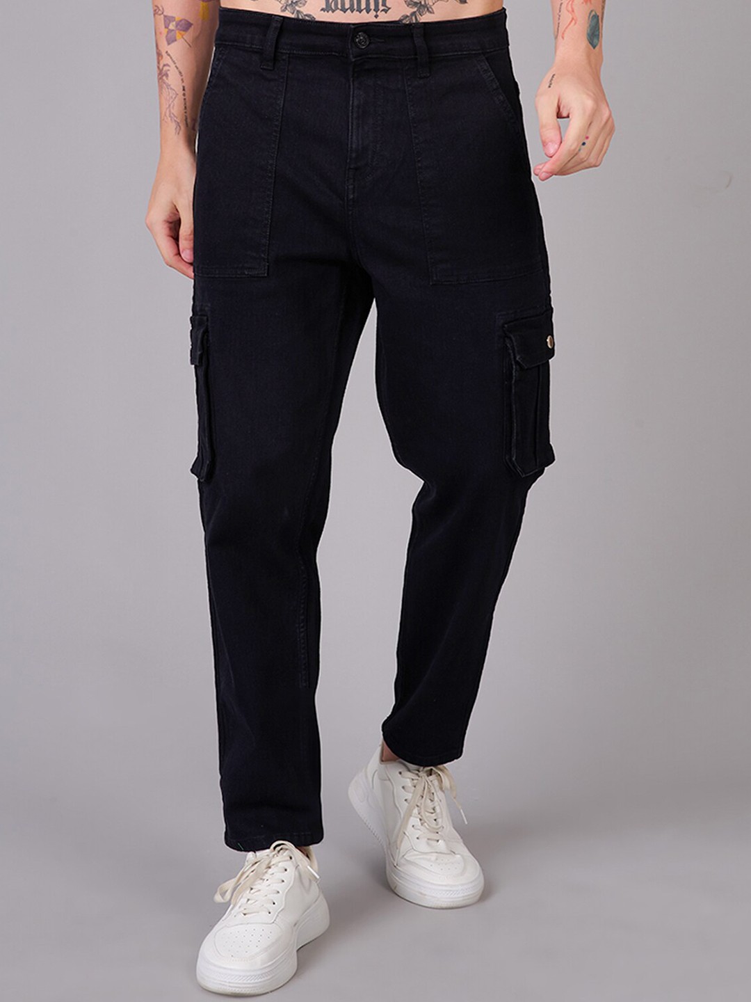

Old Grey Men Relaxed Fit Clean Look Cotton Cargo Jeans, Black