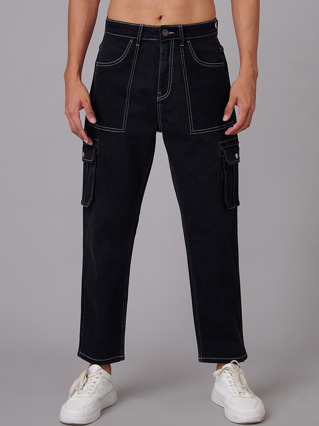 

Old Grey Men Relaxed Fit Clean Look Cotton Cargo Jeans, Black
