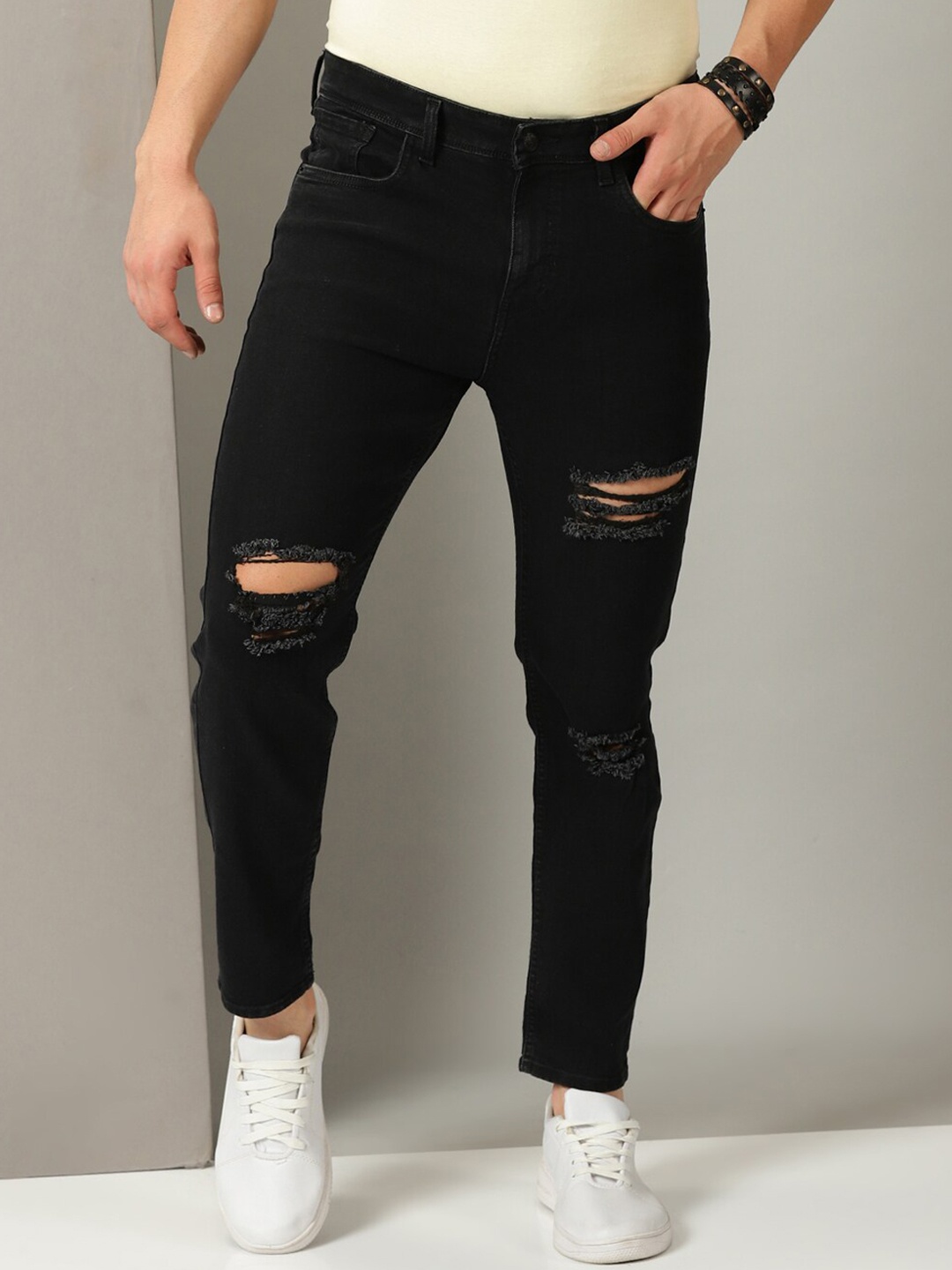 

Old Grey Men Slim Fit Ripped Jeans, Black