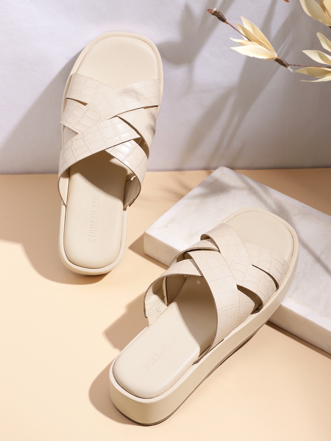 

Kenneth Cole Women Croc-Textured Open Toe Flats, Beige