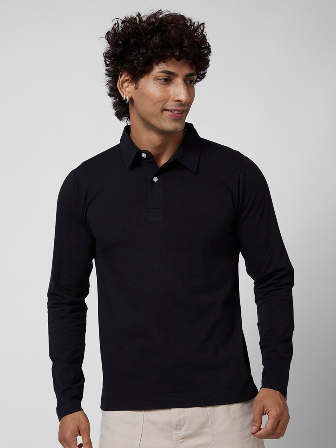 

VASTRADO Polo Collar Long Sleeves Cotton T-Shirt, Black