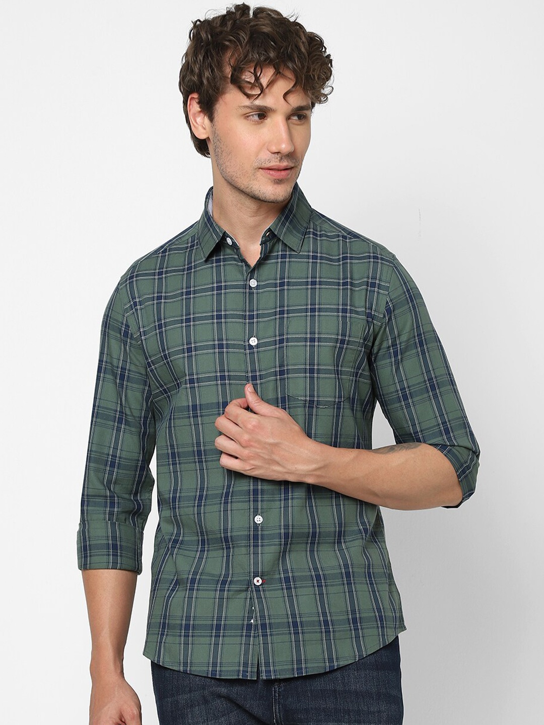 

VASTRADO Olive Tartan Checks Opaque Cotton Casual Shirt