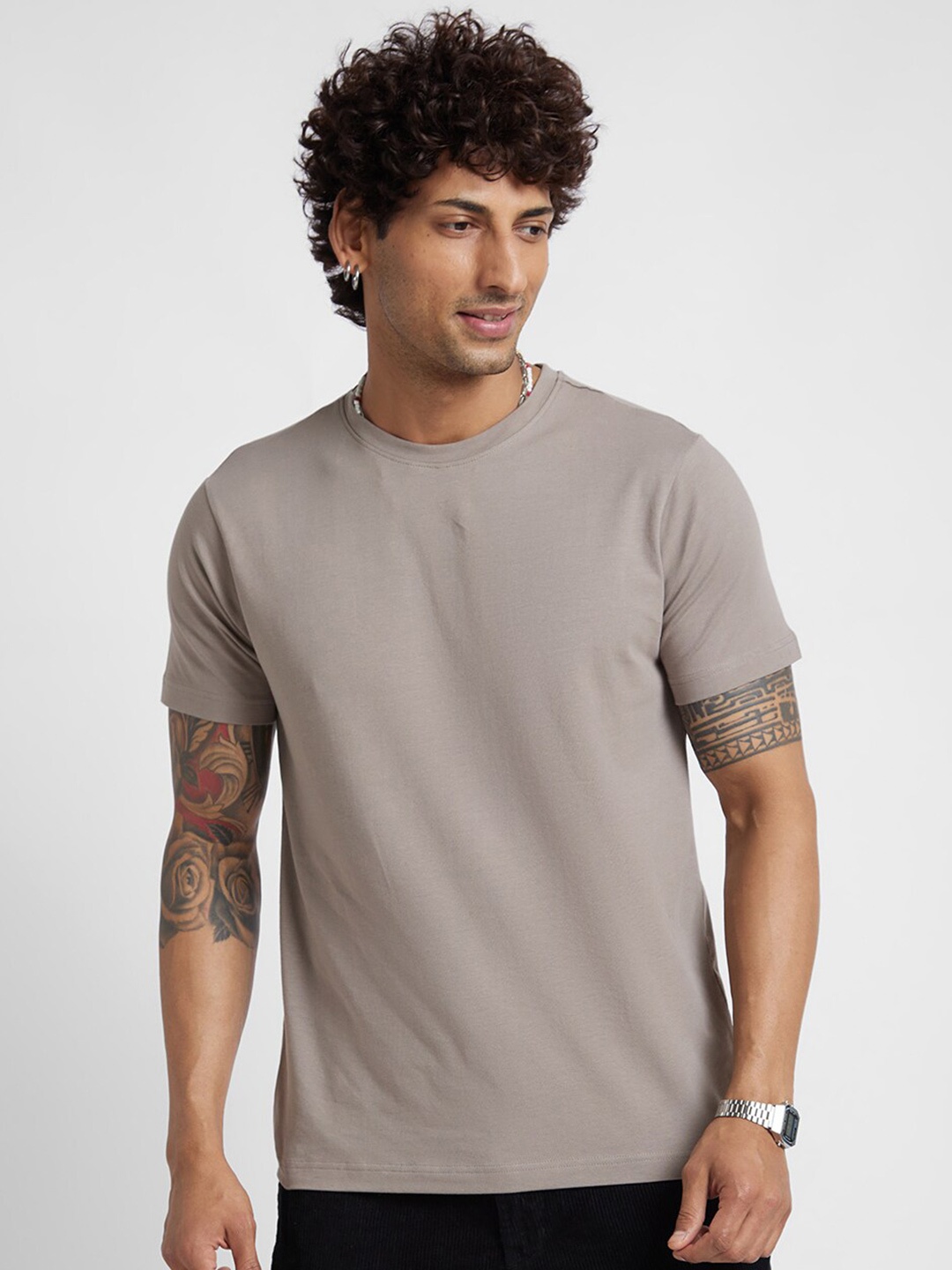 

VASTRADO Round Neck Cotton T-Shirt, Beige