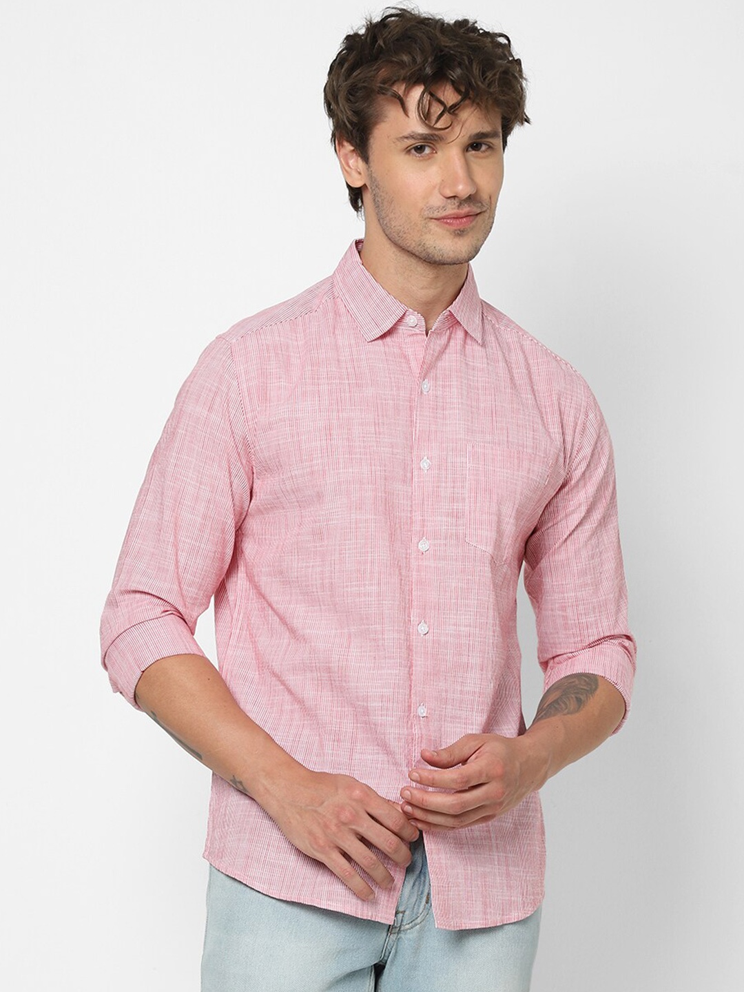 

VASTRADO Vertical Striped Cotton Casual Shirt, Red