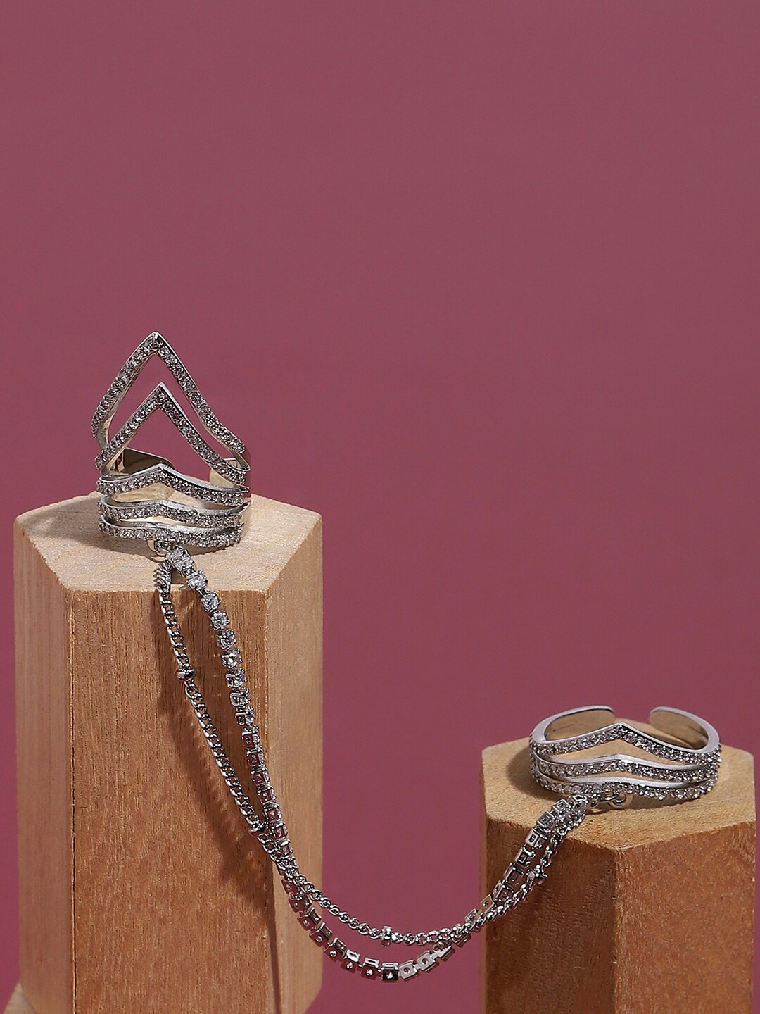 

SOHI Silver-Plated Stone-Studded Adjustable Chain Linked Finger Ring