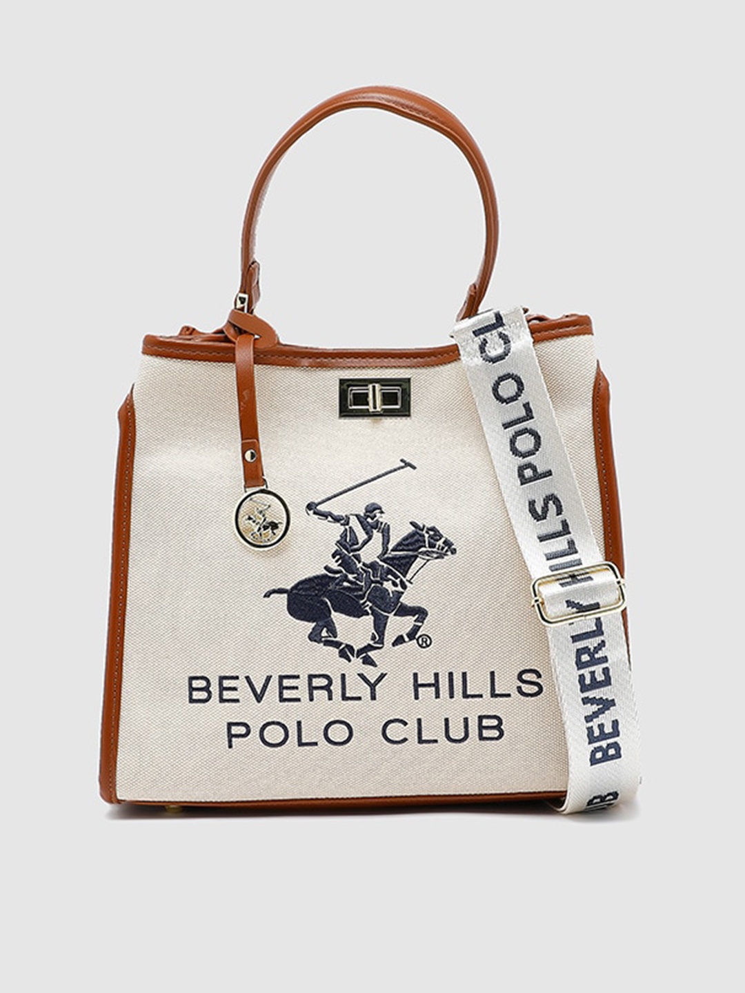 

Beverly Hills Polo Club Printed PU Structured Satchel Bag, Cream