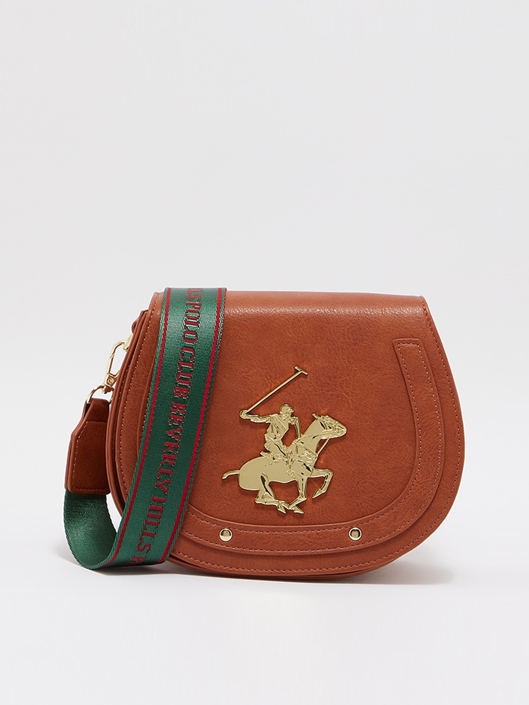 

Beverly Hills Polo Club Embellished PU Structured Sling Bag With Applique, Tan