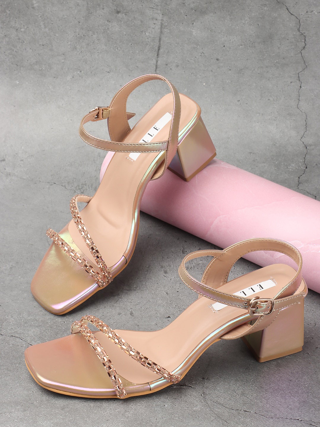 

ELLE Embellished Open Toe Block Heels, Rose gold