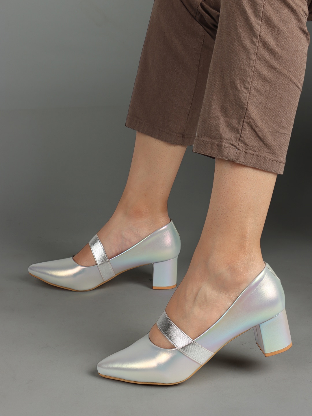 

ELLE Pointed Toe Block Heel Mary Janes, Silver